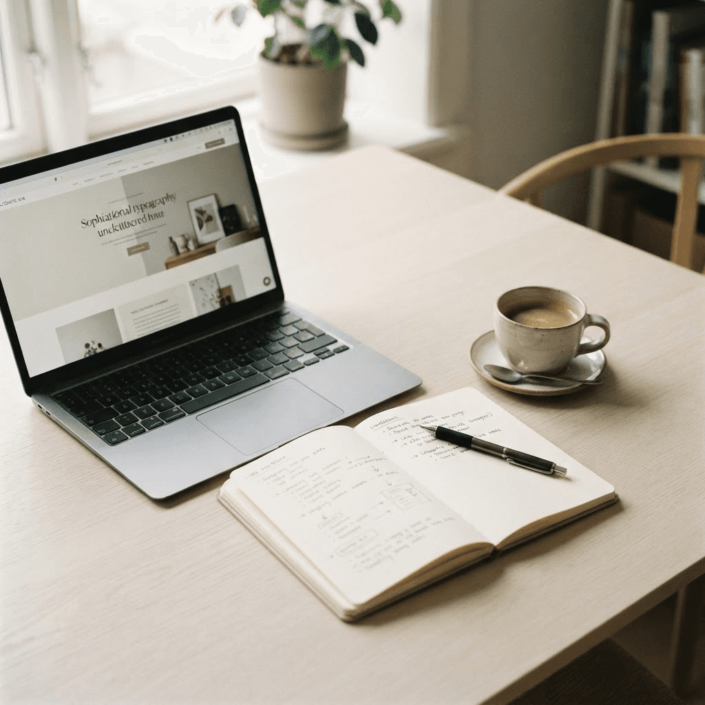 A laptop showing a clean website homepage on a warm, minimal desk with a notebook and coffee.
